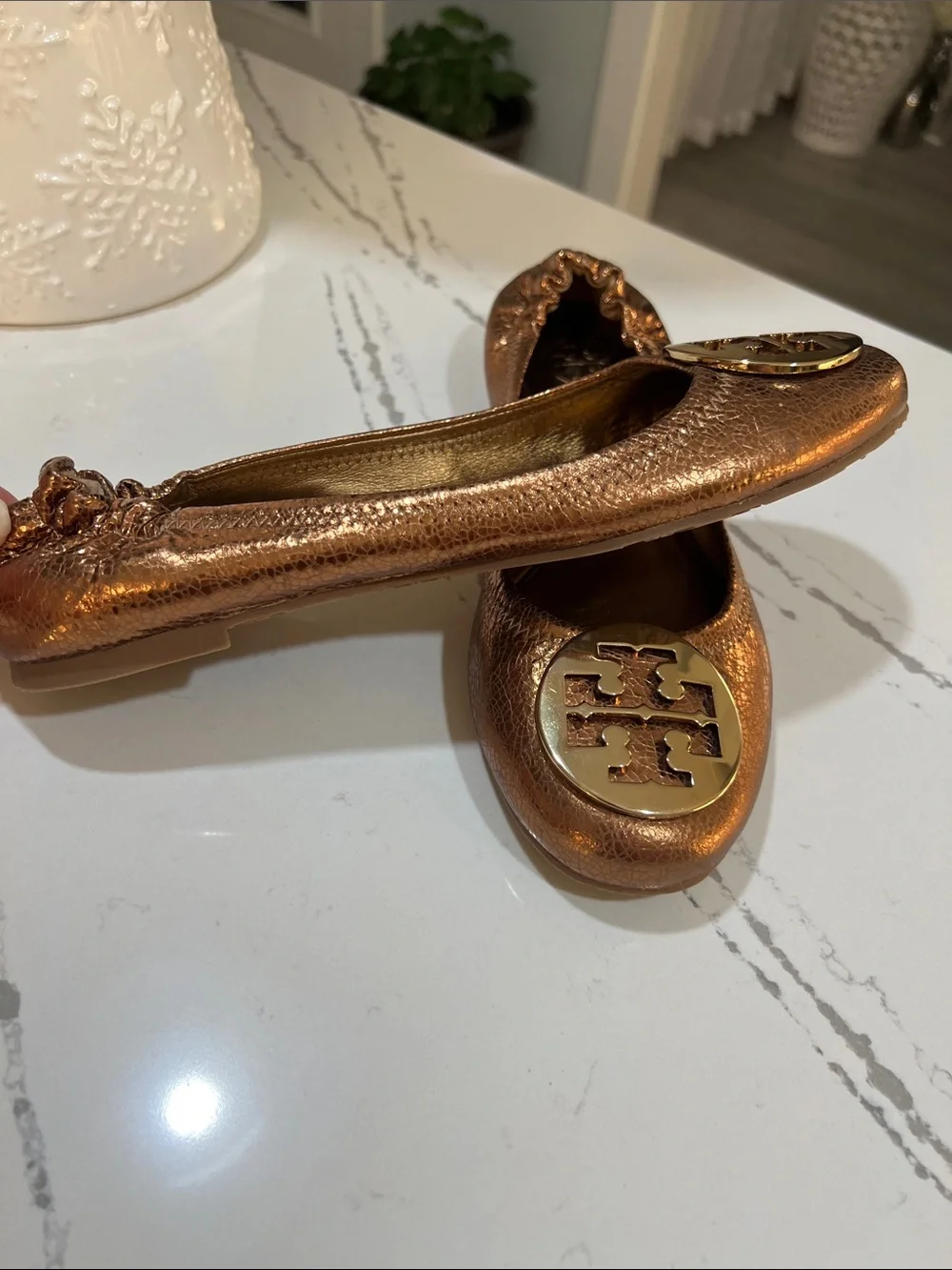 Tory Burch Reva Bronze Metallic Logo Ballet Flats Crackle Leather size 8.5